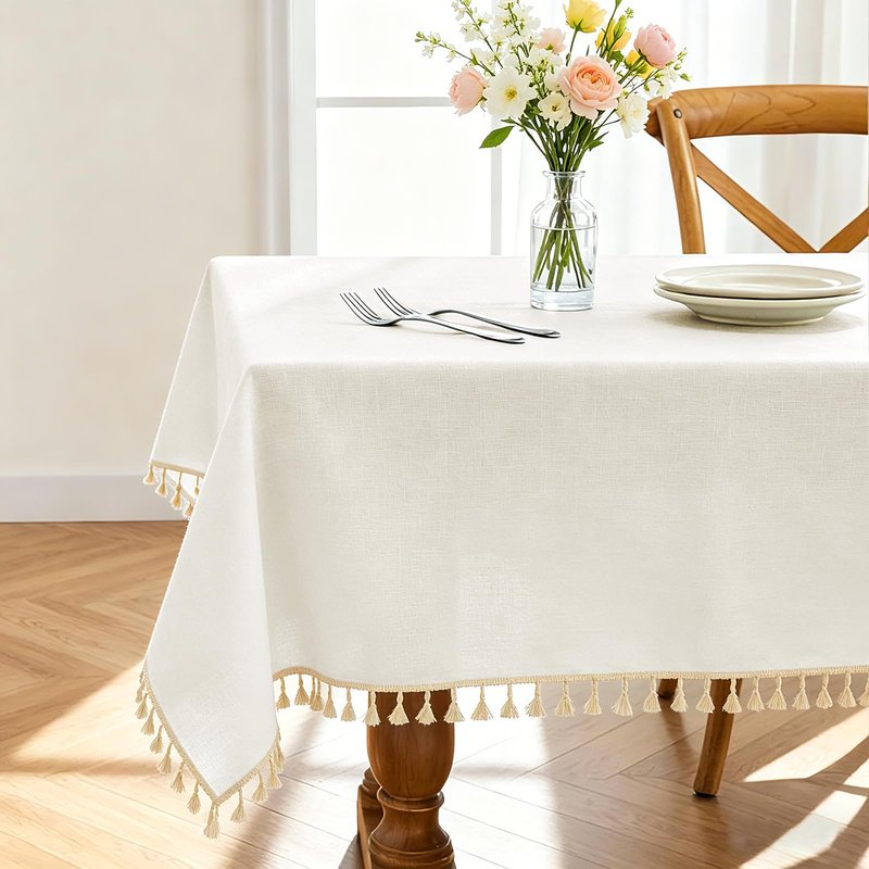 Alsoo Table Cloth Rectangle Table 55" x 90" Linen Look Texture Cotton Tablecloth Waterproof Wrinkle Free Heavy Duty Tables Cover with Tassel for Kitchen Dining Holiday Party, Ivory