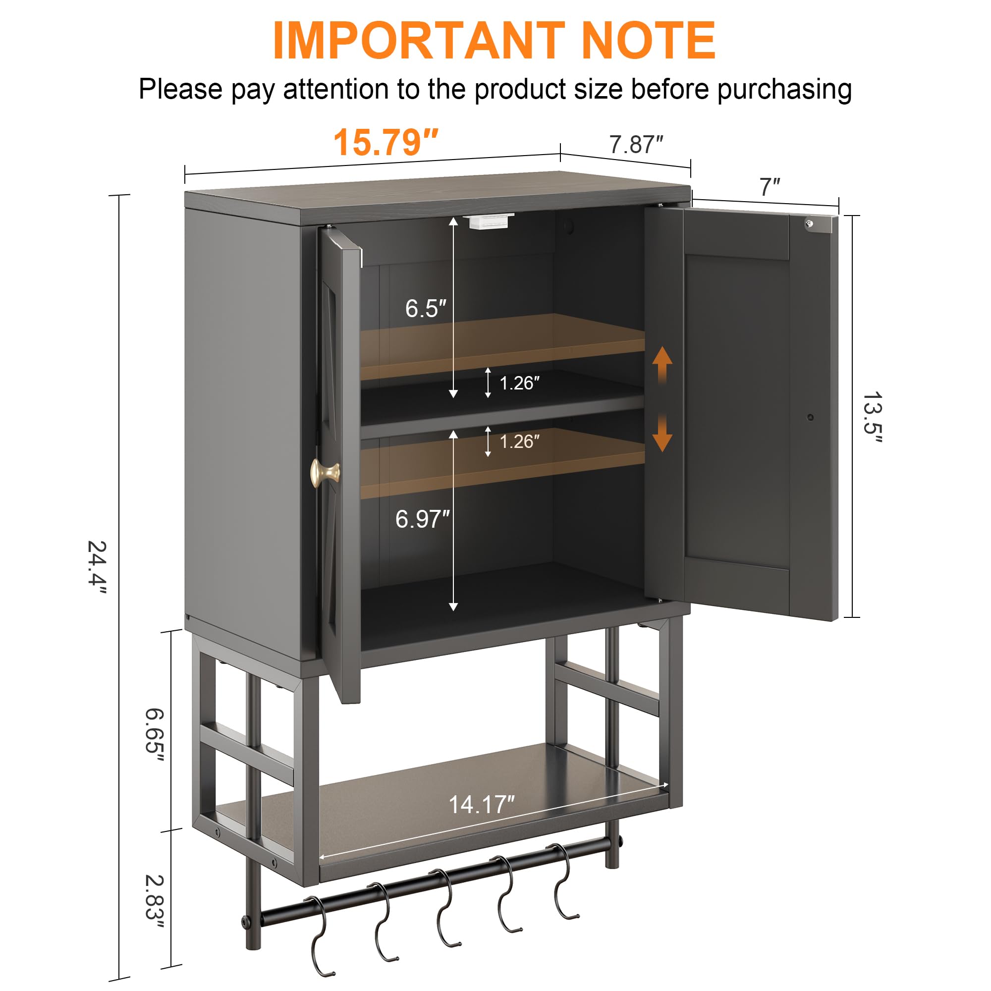 FUNHUKSON Farmhouse Medicine Cabinet - 3-Tier Wall Mounted Storage Organizer with Adjustable Shelves, Towel Bar, 5 Hooksfor Small Bathroom, Laundry Room, Over Toilet, Living Room, Bedroom (Black)