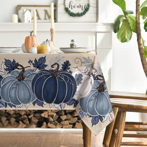 Horaldaily Fall Tablecloth 60×120 Inch Rectangular, Autumn Harvest Blue Pumpkin Floral Washable Seasonal Table Cover for Party Picnic Dinner Decor