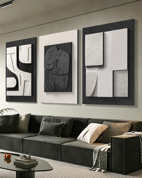 Azartslr 3D Abstract Textured Wall Art - Modern Black & White Sandstone Decor for Living Room | 3-Piece Minimalist Artwork Set
