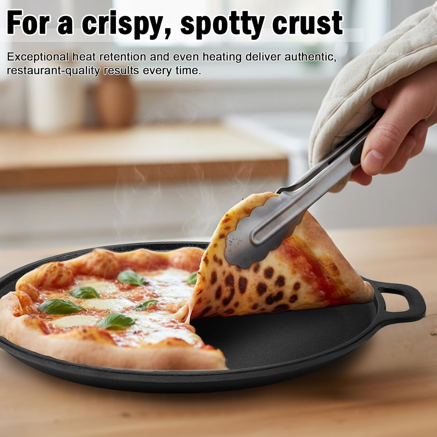 Skiennix Cast Iron Pizza Pan - 13.8 Inch Round Comal for Even Heating | Heavy-Duty with Dual Handles