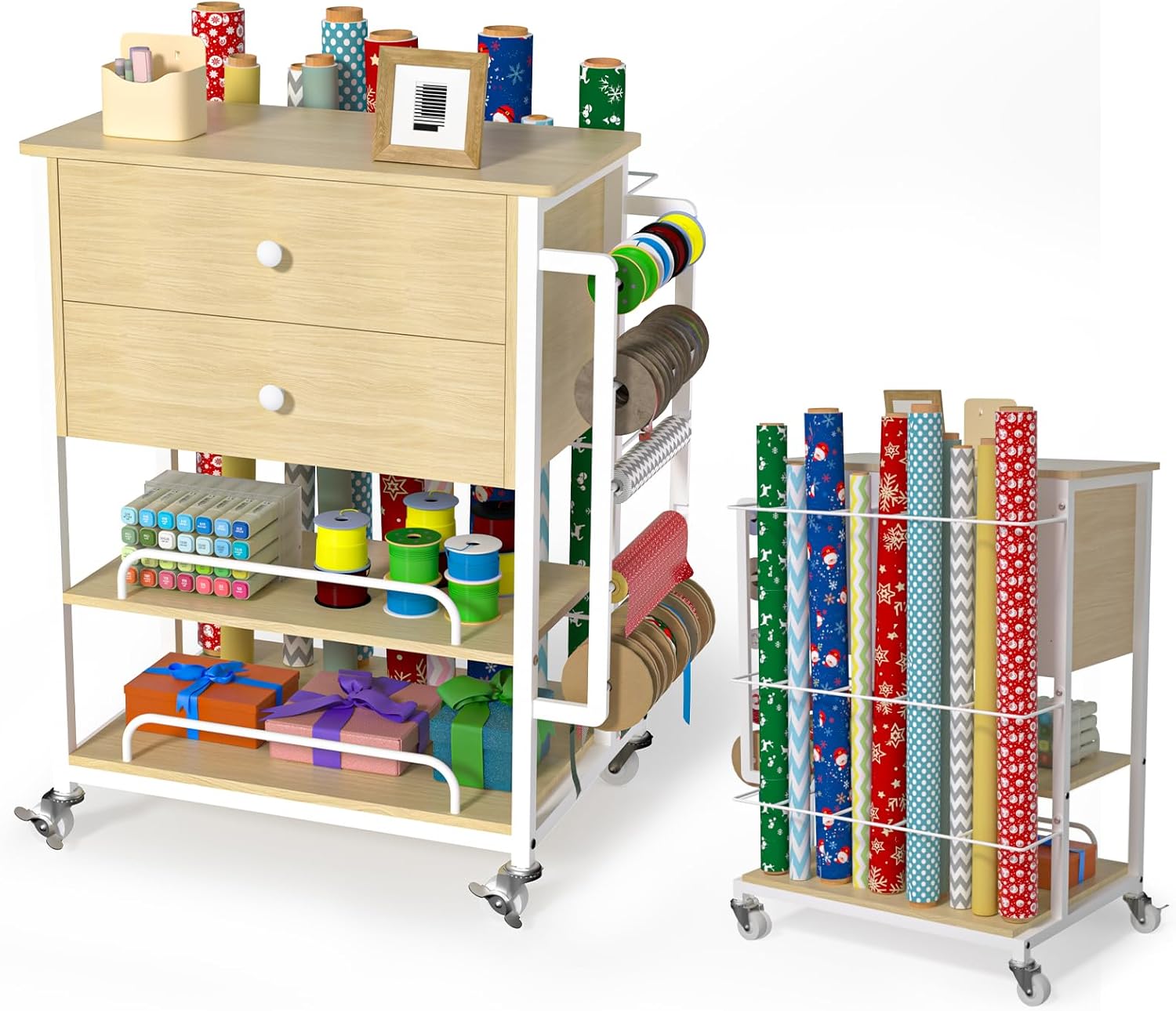 Skiennix Wrapping Paper Organizer - Craft Cart with Ribbon & Gift Bag Storage | Oak Finish, 2 Drawers