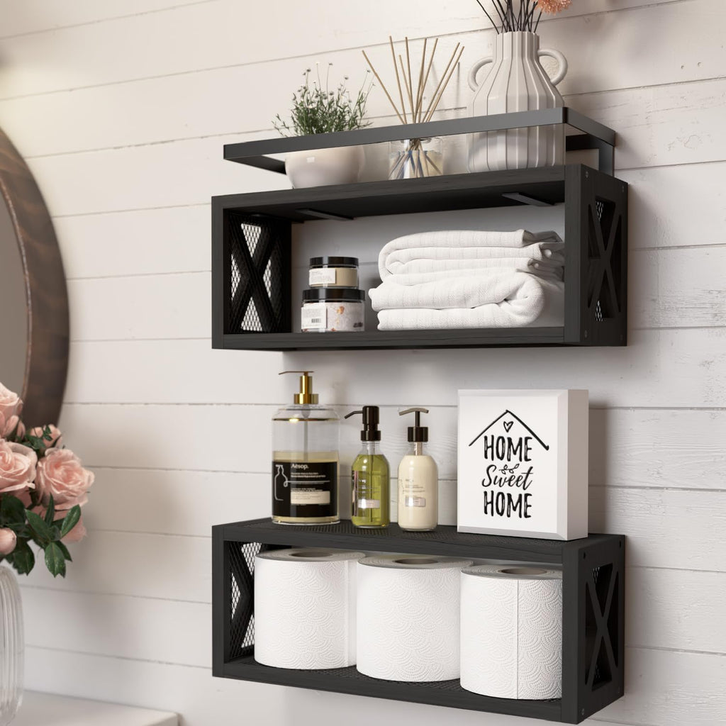 RICHER HOUSE Floating Shelves - Rustic Wood Wall Décor with Guardrail | Versatile Organizer for Bathroom, Kitchen, Living Room - Black