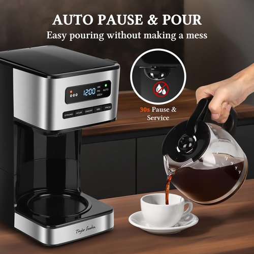 Taylor Swoden Programmable Coffee Makers 12 Cup, Hot and Iced Coffee Maker, 4 Brew Strength, LED Display, 24H Timer, Keep Warm&Auto Shutoff- Drip Coffee Machine for Home/Office, Black &Stainless Steel