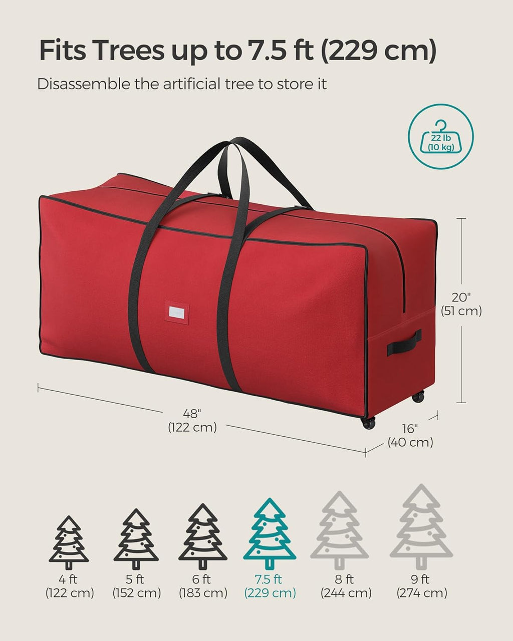 SONGMICS Christmas Tree Storage Bag - Rolling Design with 1.6-Inch Wheels, Adjustable Handles, 7.5 ft, Cherry Red