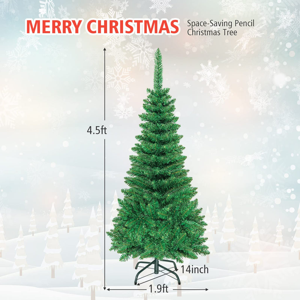 DORTALA Pre-lit Christmas Tree, 4.5FT Pencil Artificial Xmas Tree with 226 Branch Tips, 150 LED Lights, Folding Metal Stand, Green