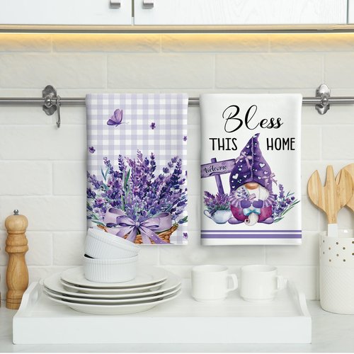 VitalCozy 6 Pcs Lavender Summer Kitchen Towel Set Funny Housewife Farmhouse Rustic Bath Hand Towel for Holiday Bathroom Gift, 24 x 16 Inches(Purple,Lavender)
