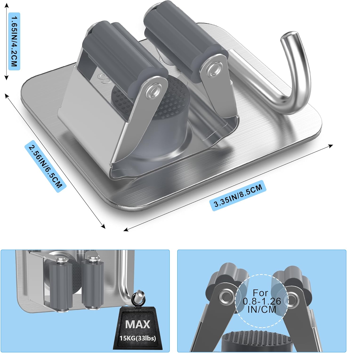 Skiennix Stainless Steel Mop & Broom Gripper - Wall Mount Holder with Hook | 4 Pack, Silver