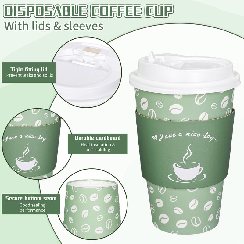 Whaline 100 Pack Disposable Coffee Cups with Lids and Sleeves 16oz Sage Green Thickened Leak-Proof Paper Cups To Go Coffee Cups for Hot Cold Drink Cafes Shops Cappuccino Chocolate Beverage Cocoa