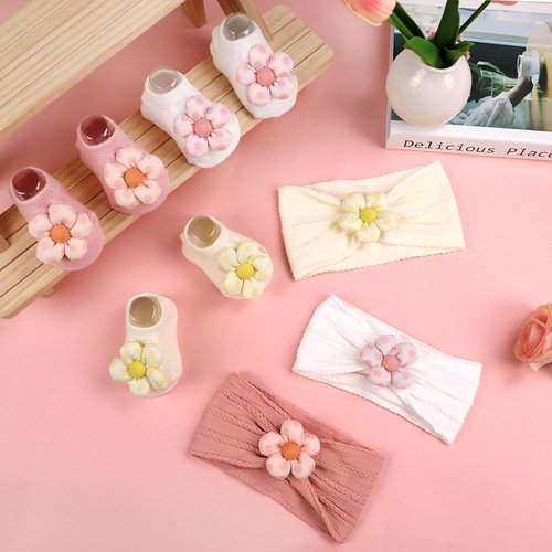 MIUXUESO Baby Girls' Headbands & Socks Set - Non-Slip Flower Hairbands & Cozy Socks | Pink, 6-12 Months