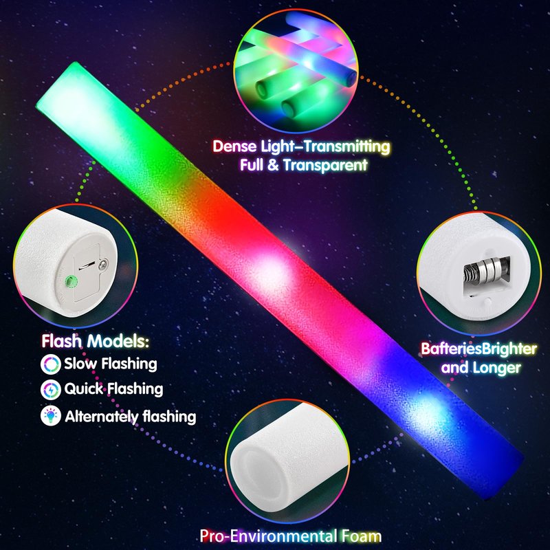 OLUPP 72PCS Foam Glow Sticks, Foam Light Up Sticks with 3 Modes Colorful Flashing, Glow Sticks for Wedding, Glow Stick Bulk Party Pack for Wedding, Raves, Concert, Camping, Carnival