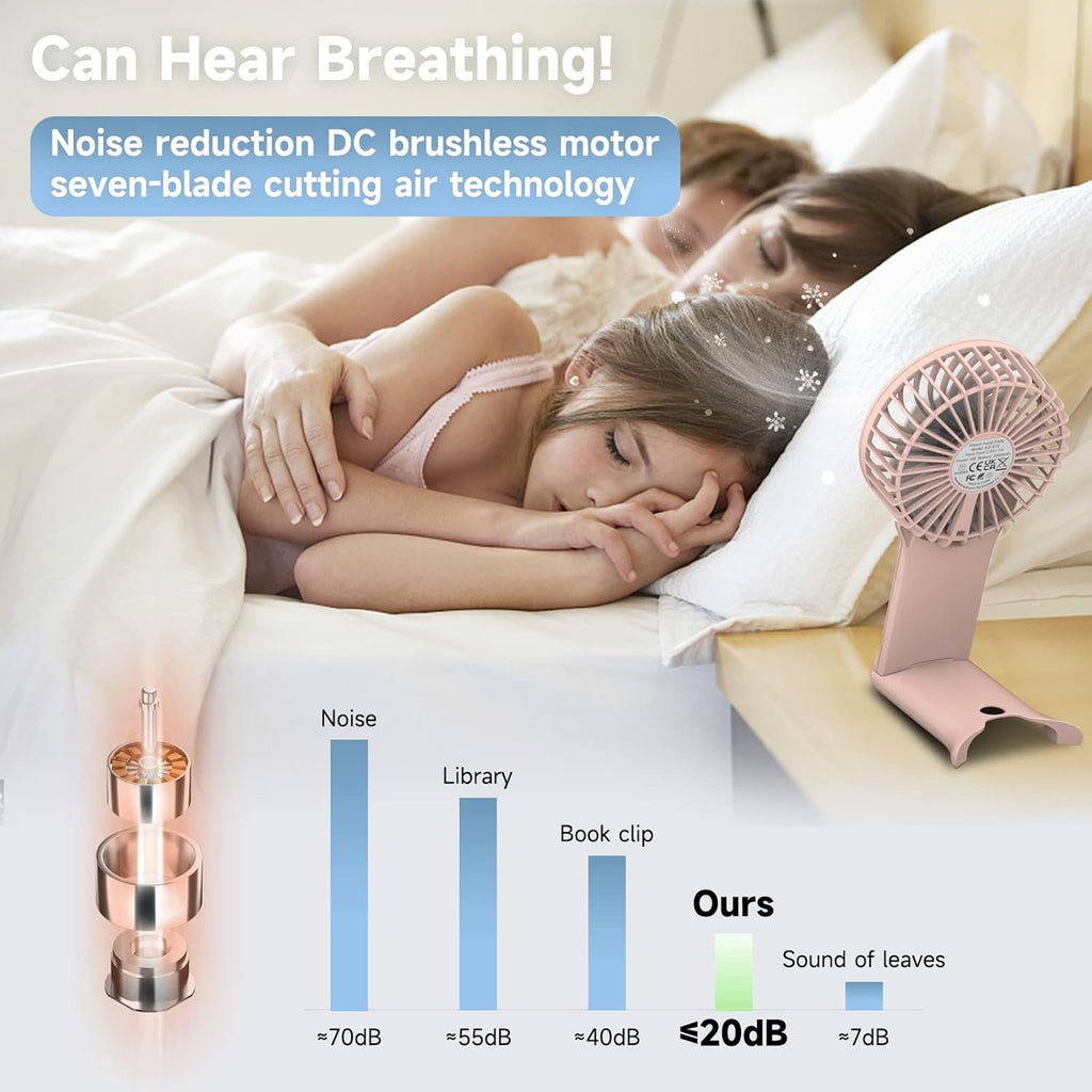 QQT Mini Handheld Fan - 4-Speed Portable USB Rechargeable Fan with Mirror | 20-Hour Battery Life (Pink)