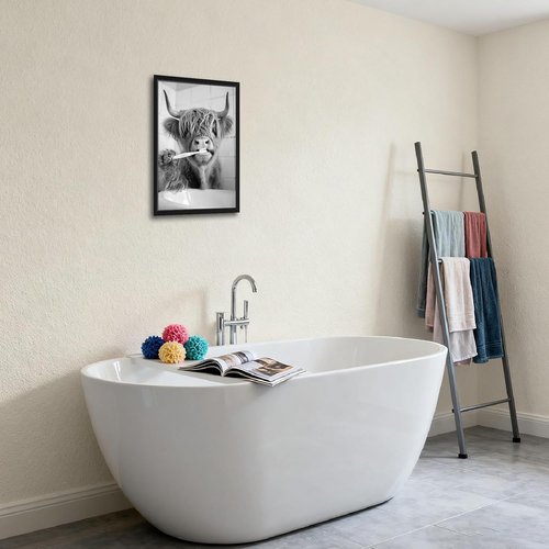 Highland Cow | Framed Funny Bathroom Wall Art - Black and White Modern Farmhouse Decor | 12x16in