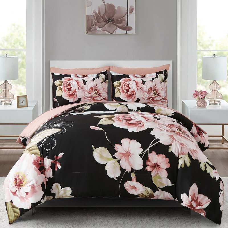 Floral Comforter Set King Size 7 Pieces Bed in a Bag,Black Flower Pattern Comforter and Sheet Set,Soft Microfiber Bedding for All Season