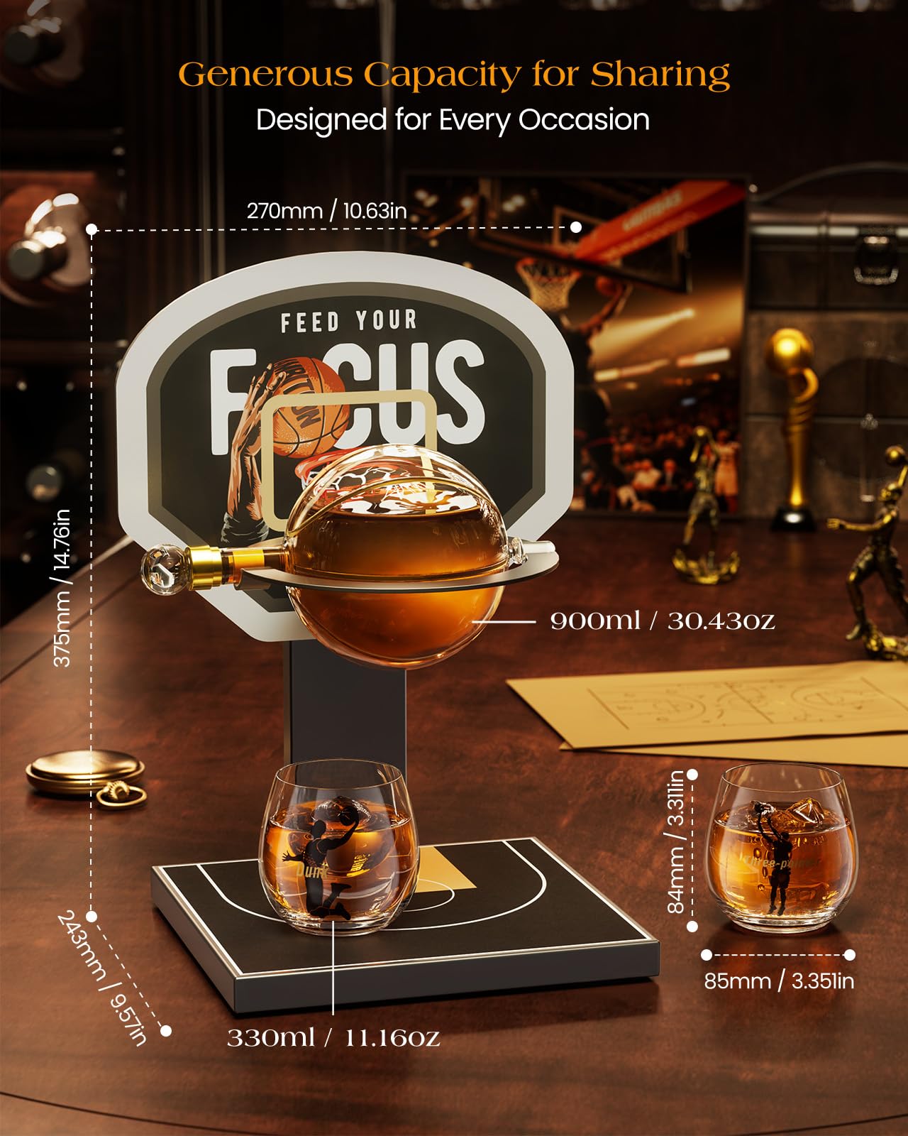 Kollea Basketball Whiskey Decanter Set with Black Court Stand & 2 Glasses, Stylish Liquor Decanter Gift for Men, Dad, Brother, Husband, Sports Lover - Birthday, Anniversary, Christmas, Retirement Gift