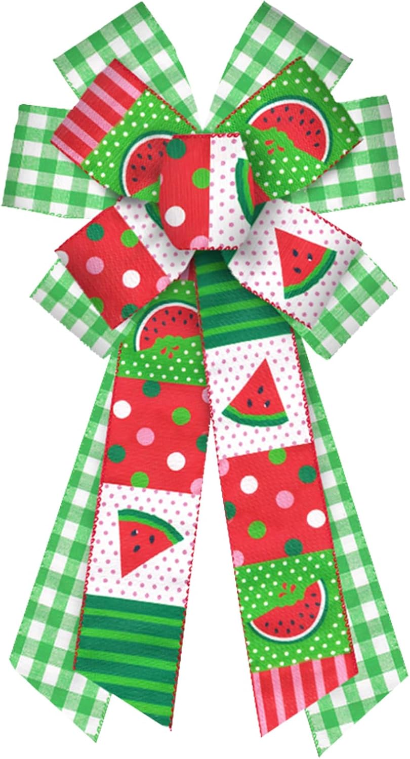 ABTOLS Large Summer Bows - Green White Buffalo Plaid & Watermelon Design for Front Door Decor