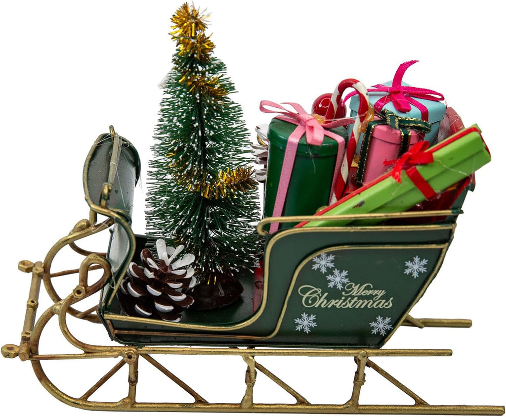 YCHTEWY Red Santa Sleigh Christmas Decor - Rustic Metal Tabletop Holiday Decoration (6.7")