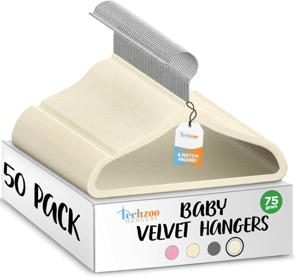 TechZoo 50 Premium Baby Velvet Hangers - Non-Slip, Ultra-Slim Closet Organizers - 360° Swivel Hook, Ivory