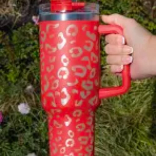 Lashicorn 40 Oz. Tumbler with Handle and Straw Red Leopard Silver 10” tall Cup lid included Insulated Stainless Steel Vacuum Travel Mug Boutique Cheetah Print