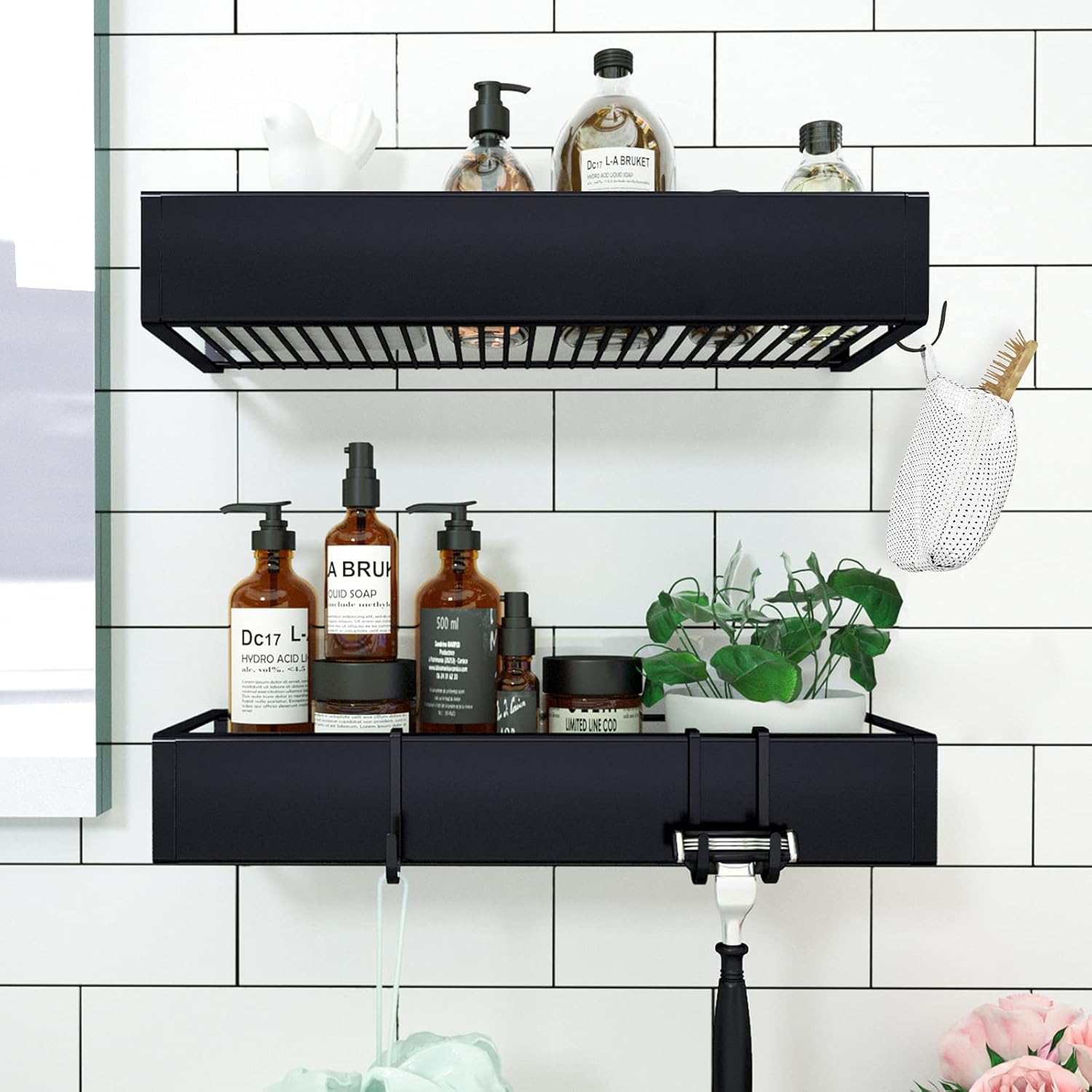 Skiennix Shower Caddy - Adhesive Organizer with Hooks | No-Drill Shower Rack Holder - 2 Pack Black