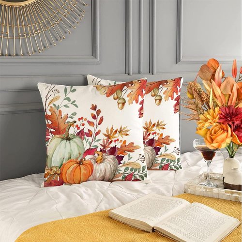 RABUSOFA Fall Pillow Covers 18x18 Set of 2,Velvet Autumn Pumpkin Pillows Decorative Throw Pillows Thanksgiving Decor Pillow Cases for Couch Fall Decorations for Home Maple Leaves