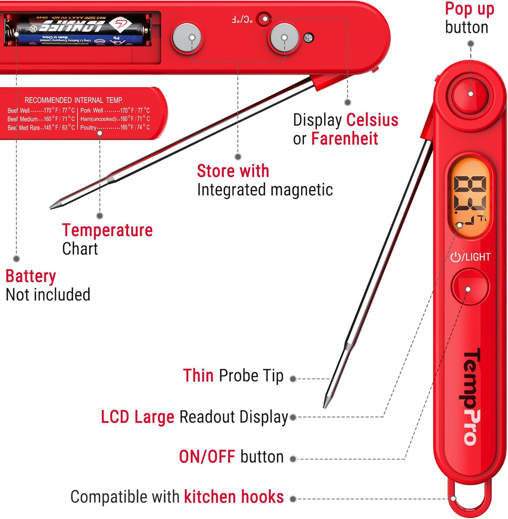 TempPro TP03B Digital Meat Thermometer - Instant Read with Backlight for Cooking & BBQ | Perfect for Grill, Smoker, and Candy