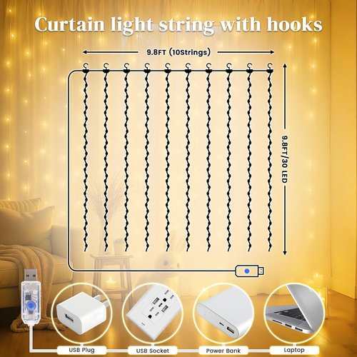 DomeStar 300 LED Curtain Lights - 9.8 x 9.8 FT Fairy Lights with 8 Modes Remote | Warm White Ambient Decor for Bedroom & Parties