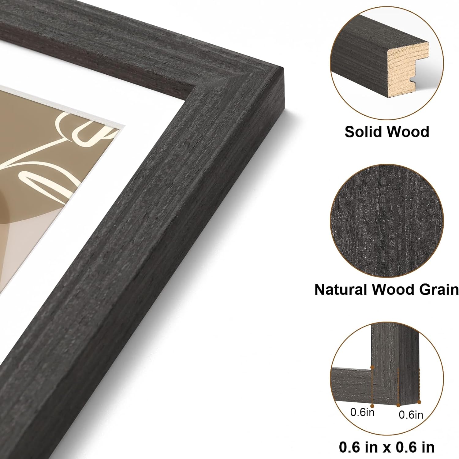 Vittanly Solid Wood Picture Frame - 8.5x11 with Plexiglass & 6x8 Mat | Charcoal Black, Wall Hanging or Tabletop