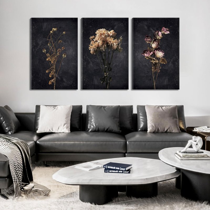 3Pcs Dark Floral Canvas wall art Moody Dried Wildflower Posters Pictures Wall Decor Nature Wilderness Botanical Paintings Abstract Prints for Living Room Bedroom Office Modern Farmhouse Home Artwork