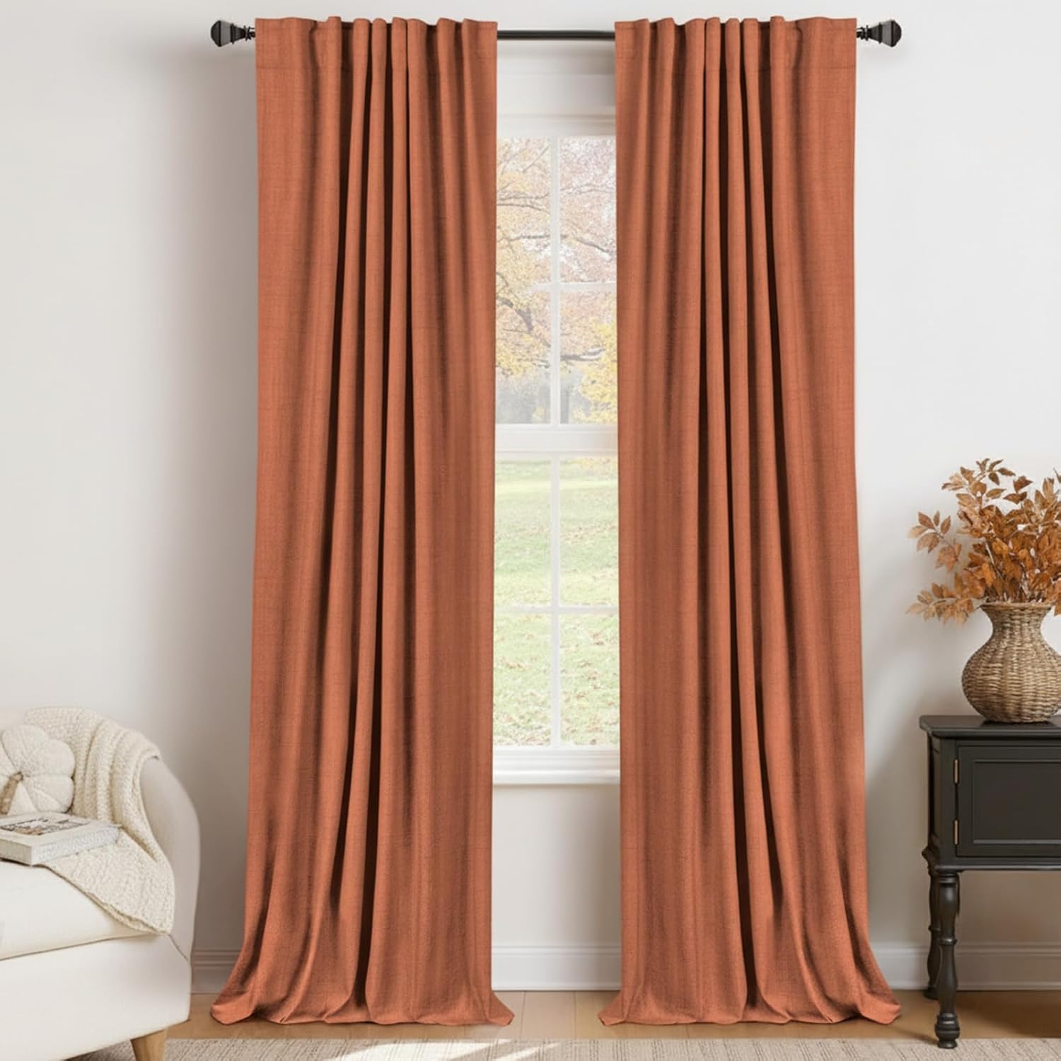 Skiennix 100% Blackout Linen Curtains - Thermal Insulated Drapes, 50" W x 108" L, Burnt Orange | 2 Panels Set