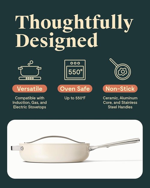 Caraway Nonstick Ceramic Sauté Pan - 4.5 Qt, 11.8" | Non-Toxic, Oven Safe, Compatible with All Stovetops - Cream