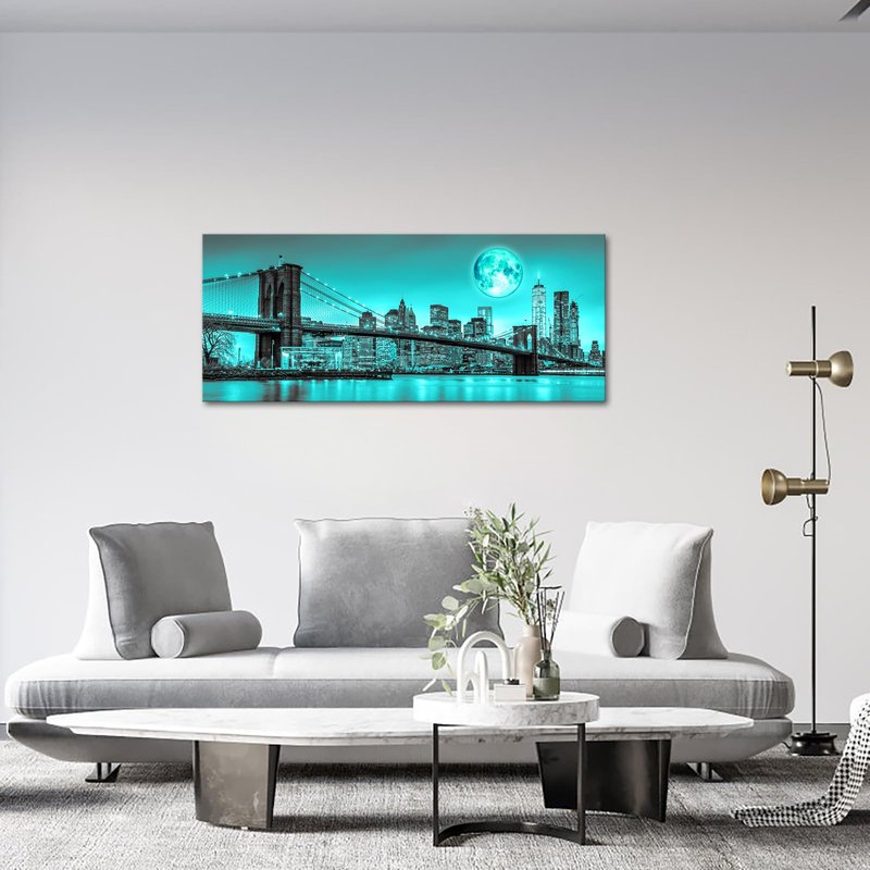 iKNOW FOTO Black White New York Canvas Prints Full Moon Night in Manhattan Picture Brooklyn Bridge Wall Art Modern Gallery Wrapped Canvas Print for Home and Office Decoration 20x48 Inches (Teal)