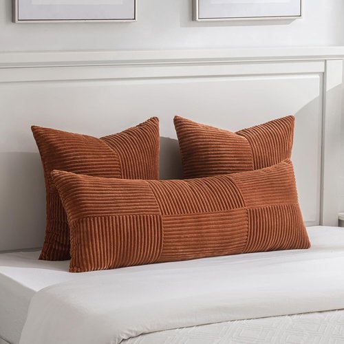 Fancy Homi Decorative Throw Pillow Covers - 2 Pack Rust Boho 18x18 Inch Soft Corduroy Accent Cushions | Farmhouse Fall Decor