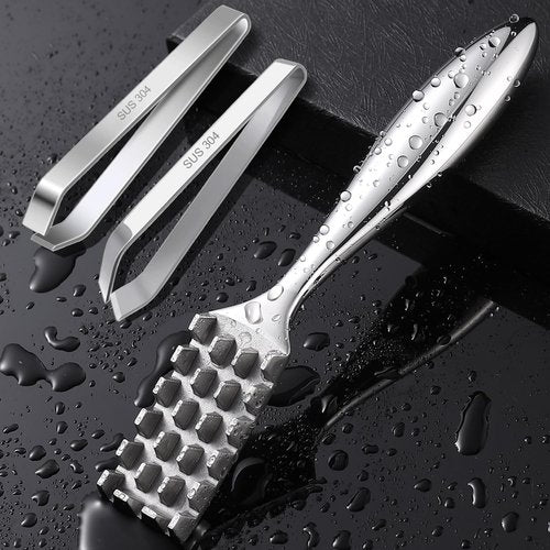 SUCCFLY Fish Scaler Set, Premium Fish Descaler Tool, Stainless Steel Fish Scale Remover with Serrated Sawtooth Ergonomic Handle for Kitchen, Seafood Markets (Fish Scaler + 2 Pack Fish Bone Tweezers)