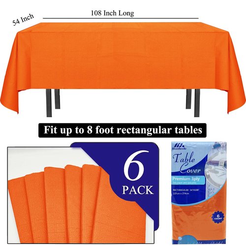 [6 Pack] Orange Paper Tablecloth Disposable for Rectangle Tables, 54 X 108 Inch Party Table Cover with Plastic Backing, Waterproof 3 Ply Table Cloth for Thanksgiving Halloween Fall Harvest Day