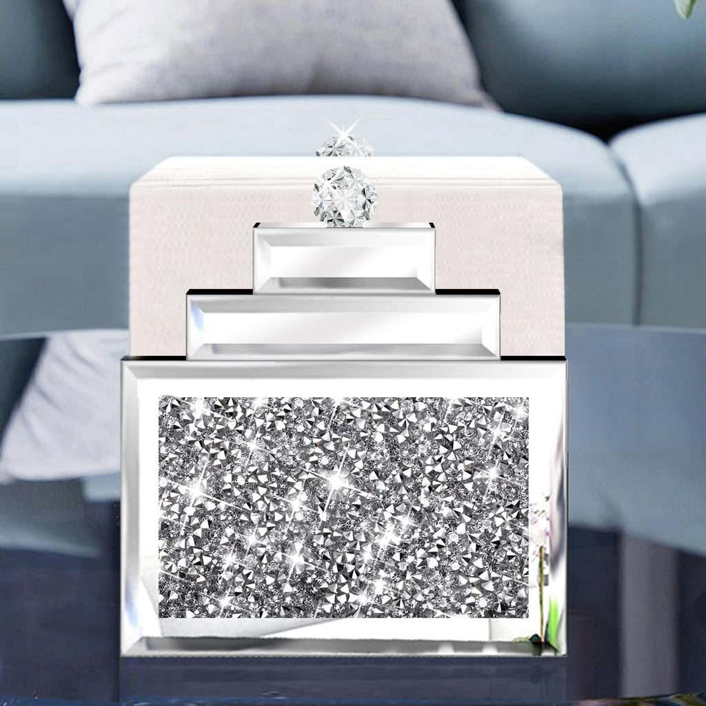 Wocred Mirror Napkin Holder,Crystal Crushed Diamond Vertical Holder,Cute Tissue Holder Holds Napkins Upright for Bathroom，Dining Table，Kitchen Table.(6.8”X5.9”X3”)