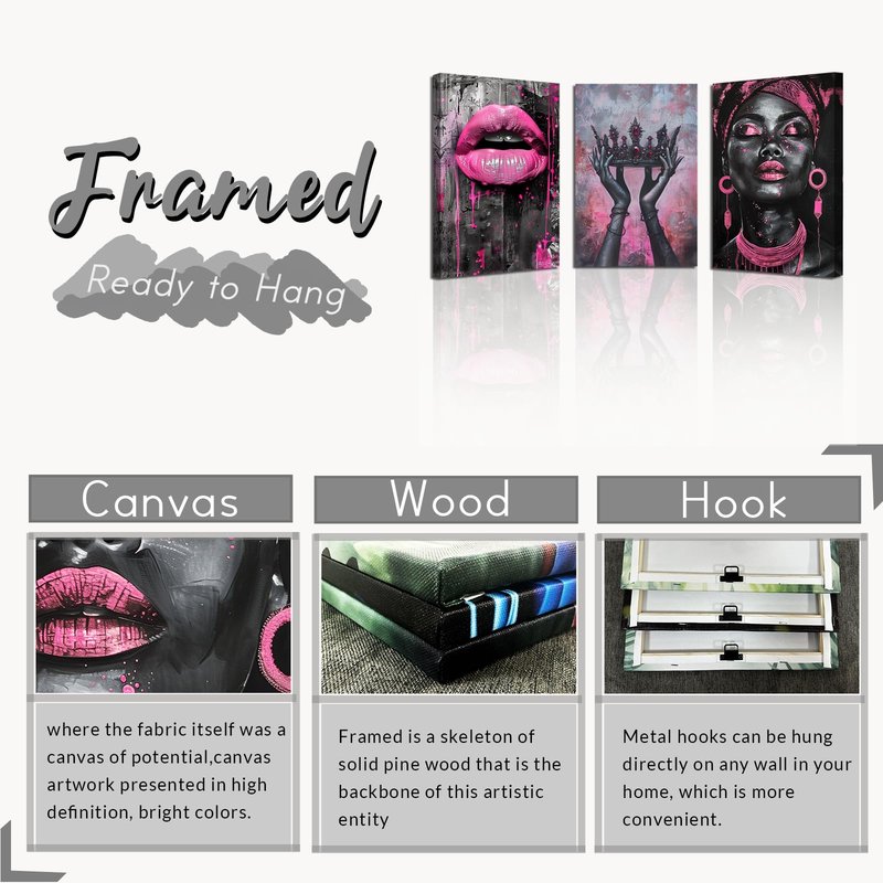 PBXBJY African American Wall Art African Girl Canvas Prints 3 PCS Black Queen with Pink Crown Lips Painting Black Woman Picture Framed Home Office Decor (16.00" x 24.00" x 3PCS)