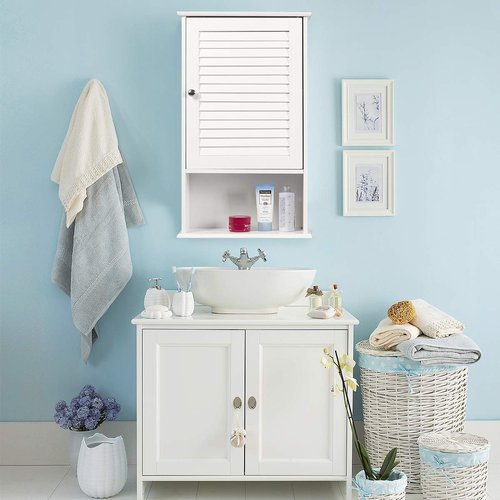 SPSUPE Single-Door Medicine Cabinet with Adjustable Shelf, Wooden Wall Storage Cabinet, Wall Mounted Bathroom Cabinet, White