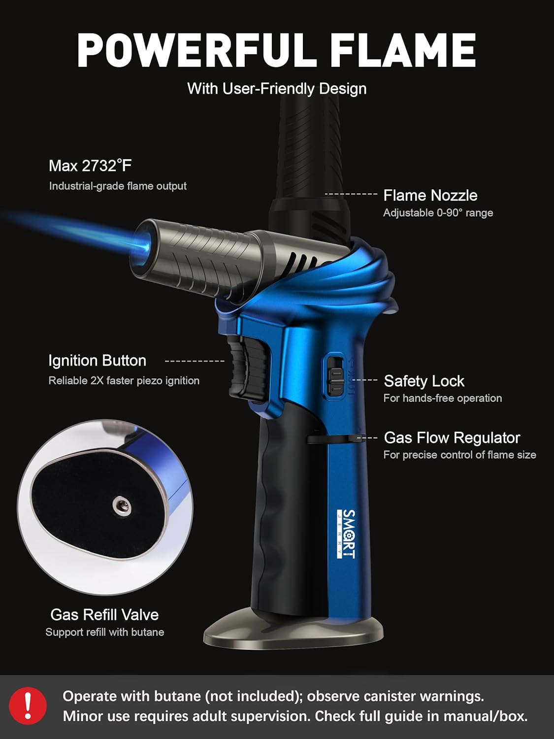 SMART JERRY Mini Torch Gun - Windproof Butane Lighter with Safety Lock | Adjustable 1500℃ Flame for Cooking, BBQ, and Soldering