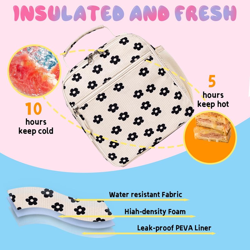 LEDAOU Lunch Box Kids Lunch Bag Insulated Cute Lunchbox Reusable Small Toddler Lunch Bags for School Travel or Picnic(Strawberry beige)