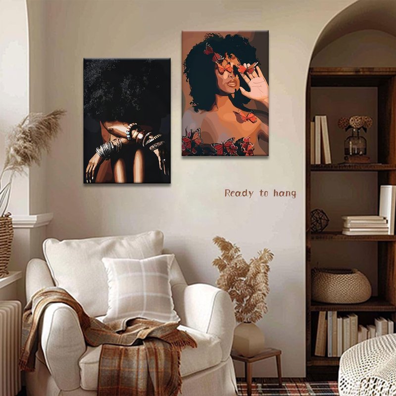 Framed Modern Abstract African American Women Wall Art (Set of 2), Canvas HD Print, Bohemian Black Girl with Energetic Butterfly Decor, Black Inspirational Contemplative Poster, Meditation Inspirational & Trendy Print, Living Room, Bedroom, Bathroom, Offi
