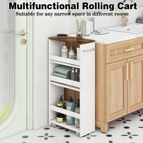 IBUYKE Slim Storage Cart, 4-Tier Skinny Rolling Cart, 5.9" Narrow Utility Trolley with Handle & Lockable Wheels,Thin Shelf for Kitchen, Laundry Room, Bathroom, Small Spaces,Space-Saving WST005W