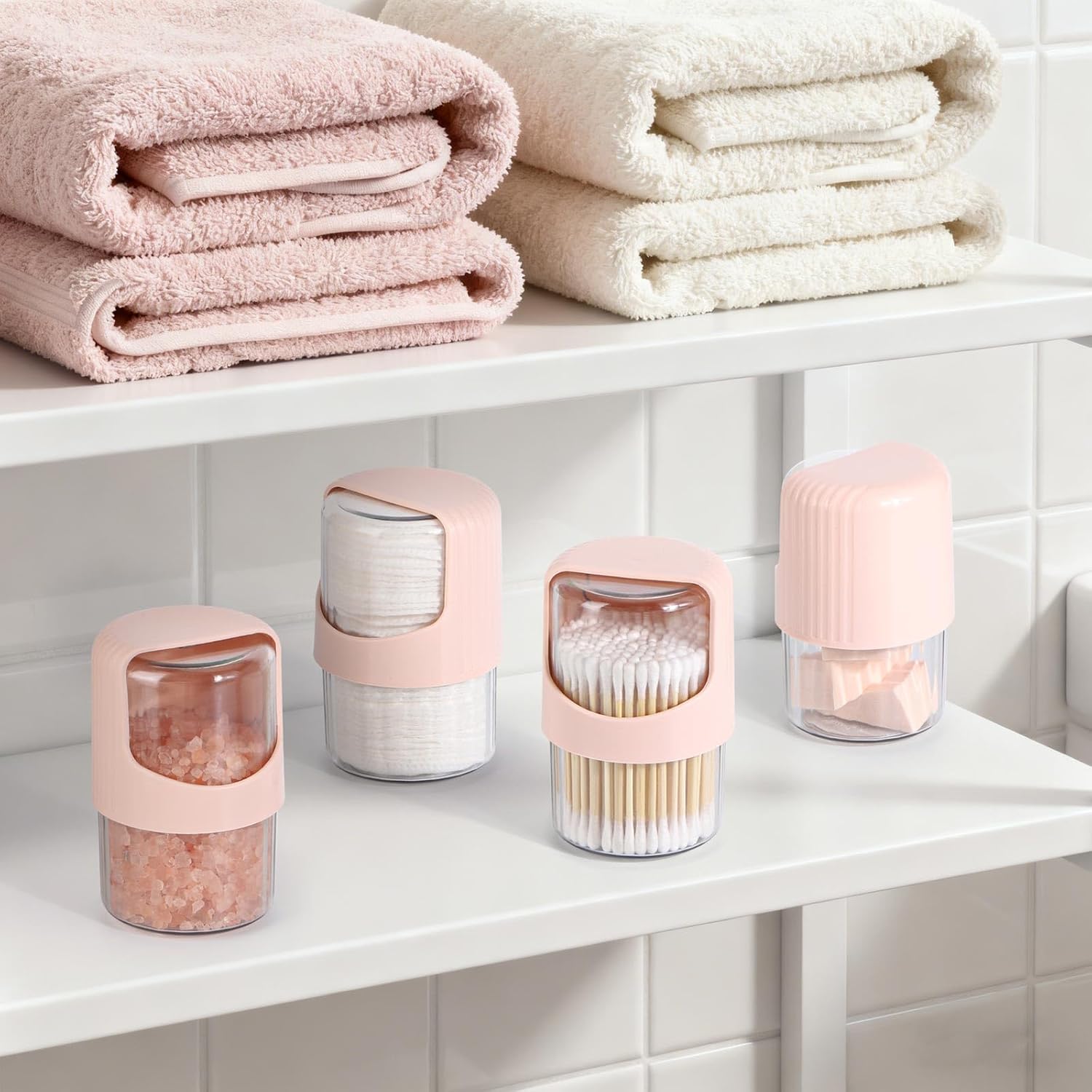 Tbestmax Rotating Qtip Holder Dispenser - 4 Pack Vanity Organizer for Cotton Swabs & Makeup | Pink