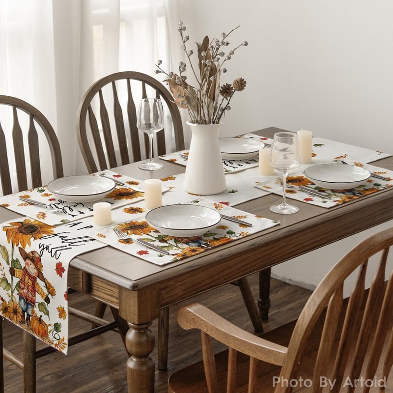 Artoid Mode Happy Scarecrow Leaves Fall Placemats Set of 6, 12x18 Inch Seasonal Thanksgiving Holiday Table Mats for Party Kitchen Dining Decoration
