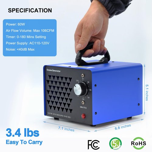 NAMOWELL Ozone Generator 70000mg, High Capacity Ozone Machine Odor Removal Up to 6000 Sq.Ft, Ozone Odor Eliminator, Ionizer Ozonator for Smoke, Car, Basement, And Pet Room, Blue