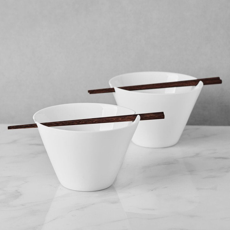 Mikasa Delray Bone China Lightweight Chip Resistant Noodle Ramen Bowl and Chopstick Set, Set of 2, White