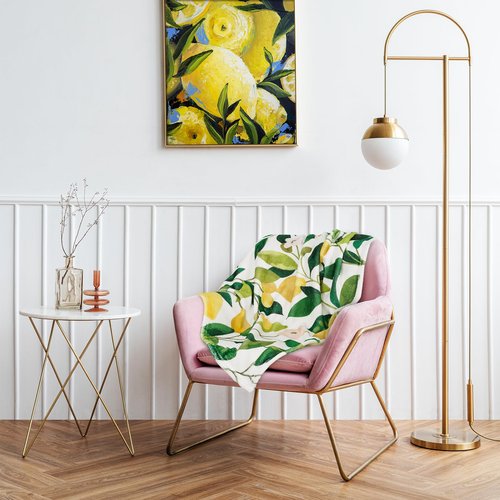 JarThenaAMCS Lemon Fuzzy Blanket - 60 x 50 Inch Yellow Lemon with Green Leaves Throw Blanket for Adults & Kids - Soft, Warm, Spring/Summer Blanket for Home, Chair, Sofa, Couch