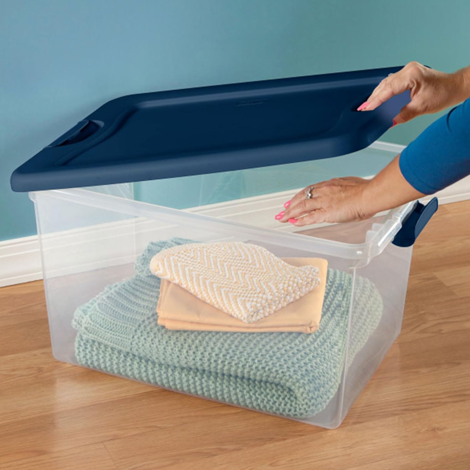 Sterilite Large Clear Plastic Storage Bins - 6-Pack 64 Quart Stackable Organizing Containers in Blue