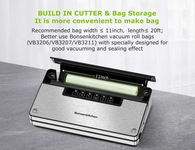 Bonsenkitchen Vacuum Sealer Machine, Stainless Steel Food Sealer Vacuum Sealers with 100 Bags & 1 Roll Bag, 5 Food Vacuum Modes, Built-in Cutter & Bag Storage, Silver-Black