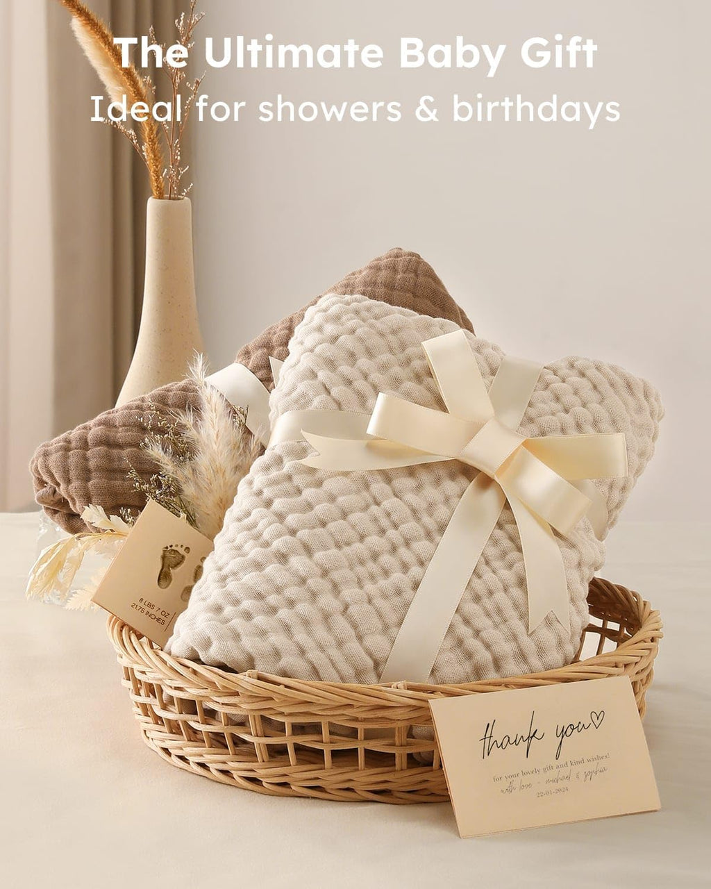 Yoofoss Hooded Baby Towels - 100% Muslin Organic Cotton, Soft & Absorbent, 2 Pack, 32x32 Inch, Beige & Coffee
